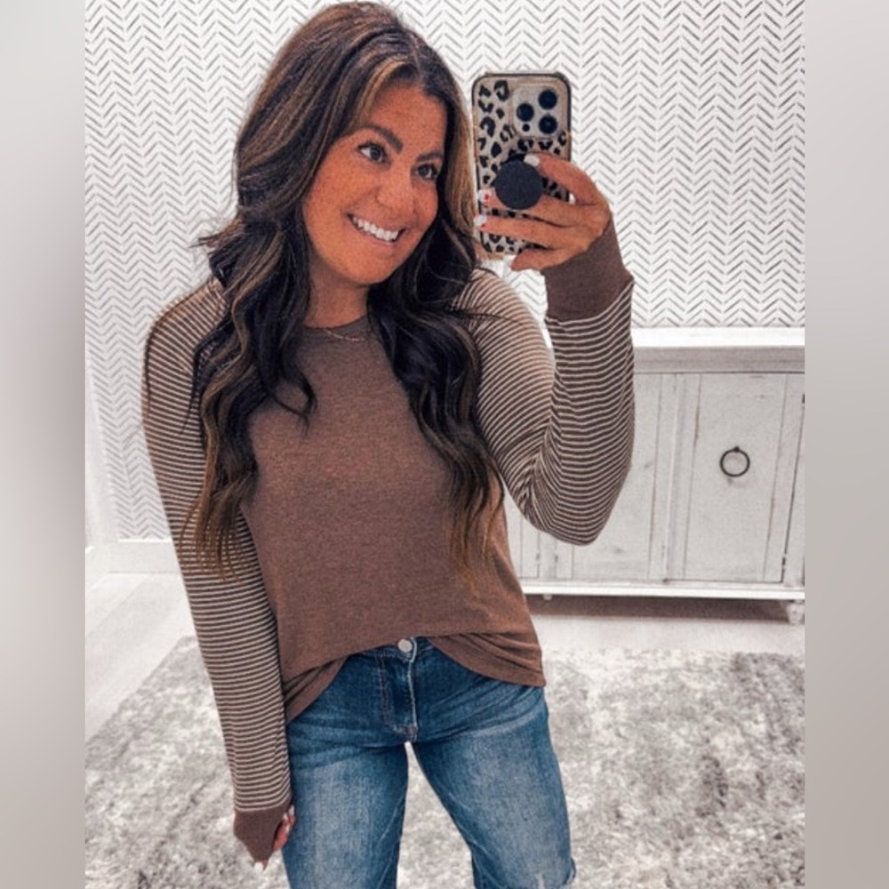 STACCATO Mocha Striped Button Long Sleeve Top